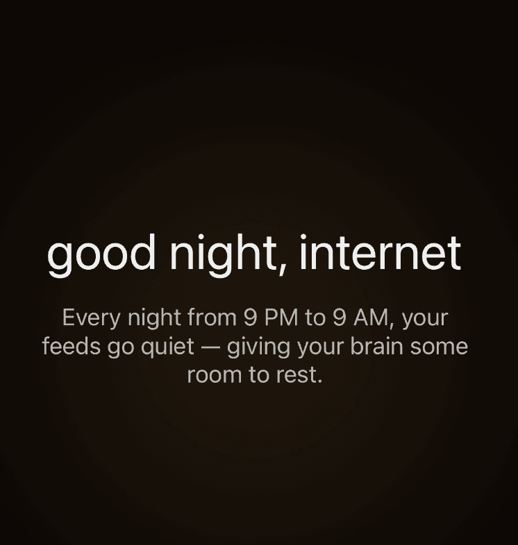 9to9 welcome screen explaining that feeds go quiet from 9 PM to 9 AM